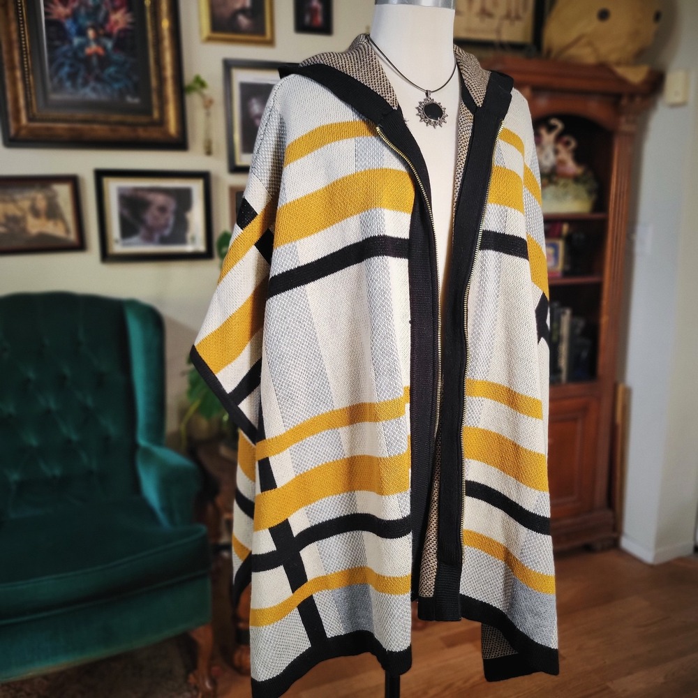 Anne Klein Hooded Poncho Plaid Cardigan Mustard Black White Draped Knit 1X